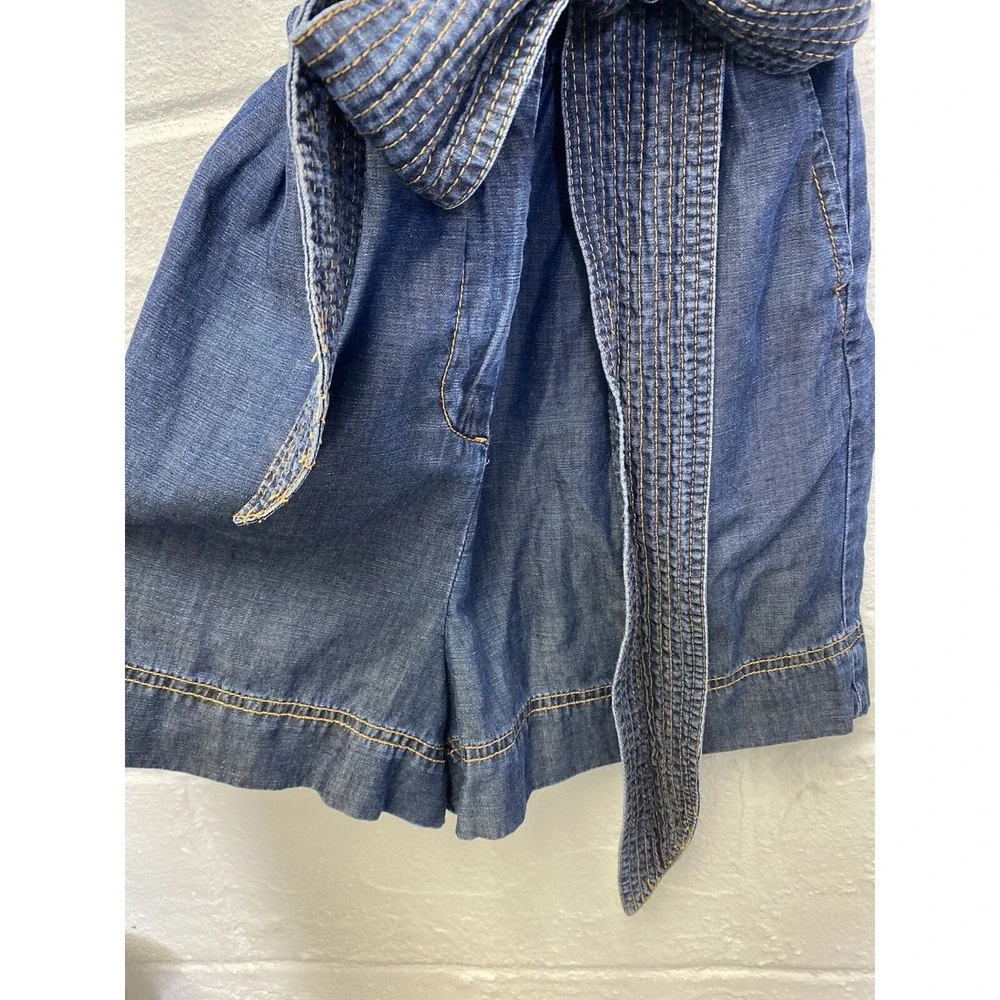 Anthropologie Pilcro Belted Denim Romper Sz 0 Shorts Wrap Tie Waist Blue‎